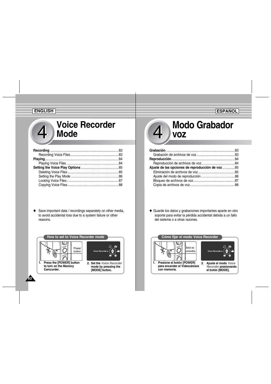 Modo grabador voz, Voice recorder mode | Samsung SC-MM10S-XAA User Manual | Page 82 / 139