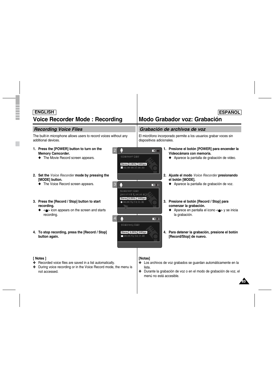 Voice recorder mode : recording, Modo grabador voz: grabación, Recording voice files | Grabación de archivos de voz, English, English español | Samsung SC-MM10S-XAA User Manual | Page 83 / 139