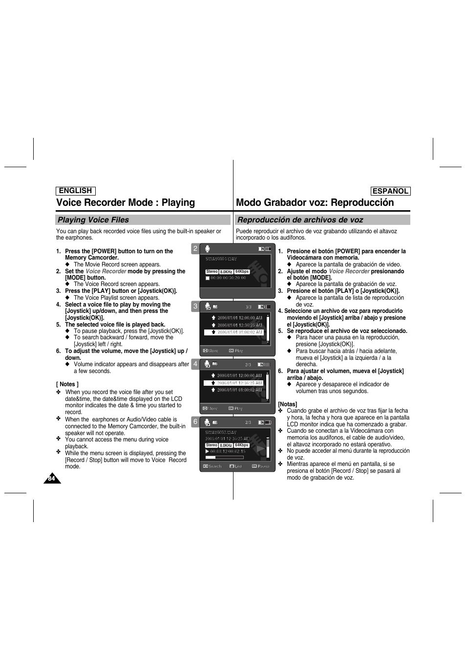 Voice recorder mode : playing, Modo grabador voz: reproducción, Playing voice files | Reproducción de archivos de voz, English español | Samsung SC-MM10S-XAA User Manual | Page 84 / 139