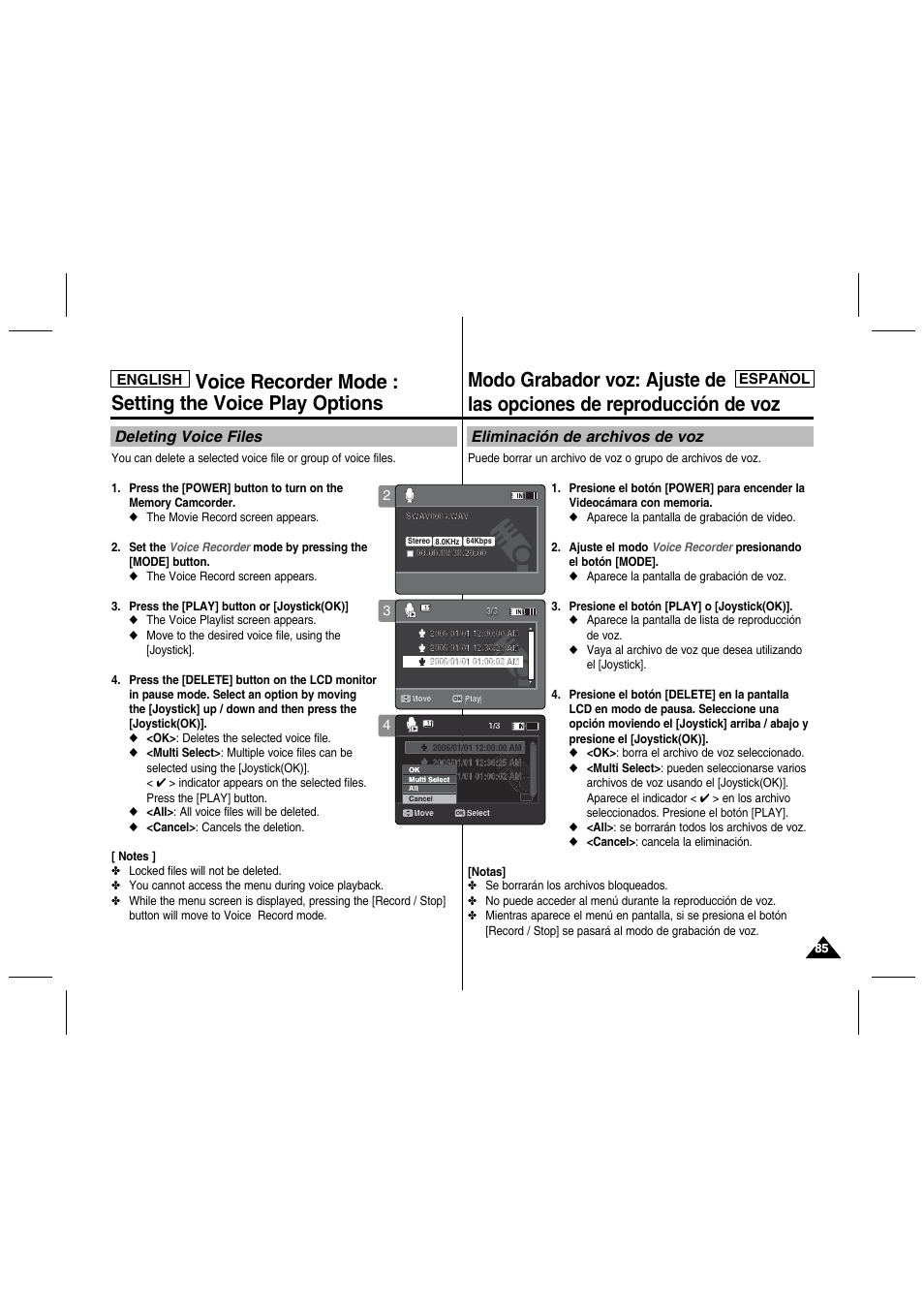 Deleting voice files, Eliminación de archivos de voz, English | English español english | Samsung SC-MM10S-XAA User Manual | Page 85 / 139