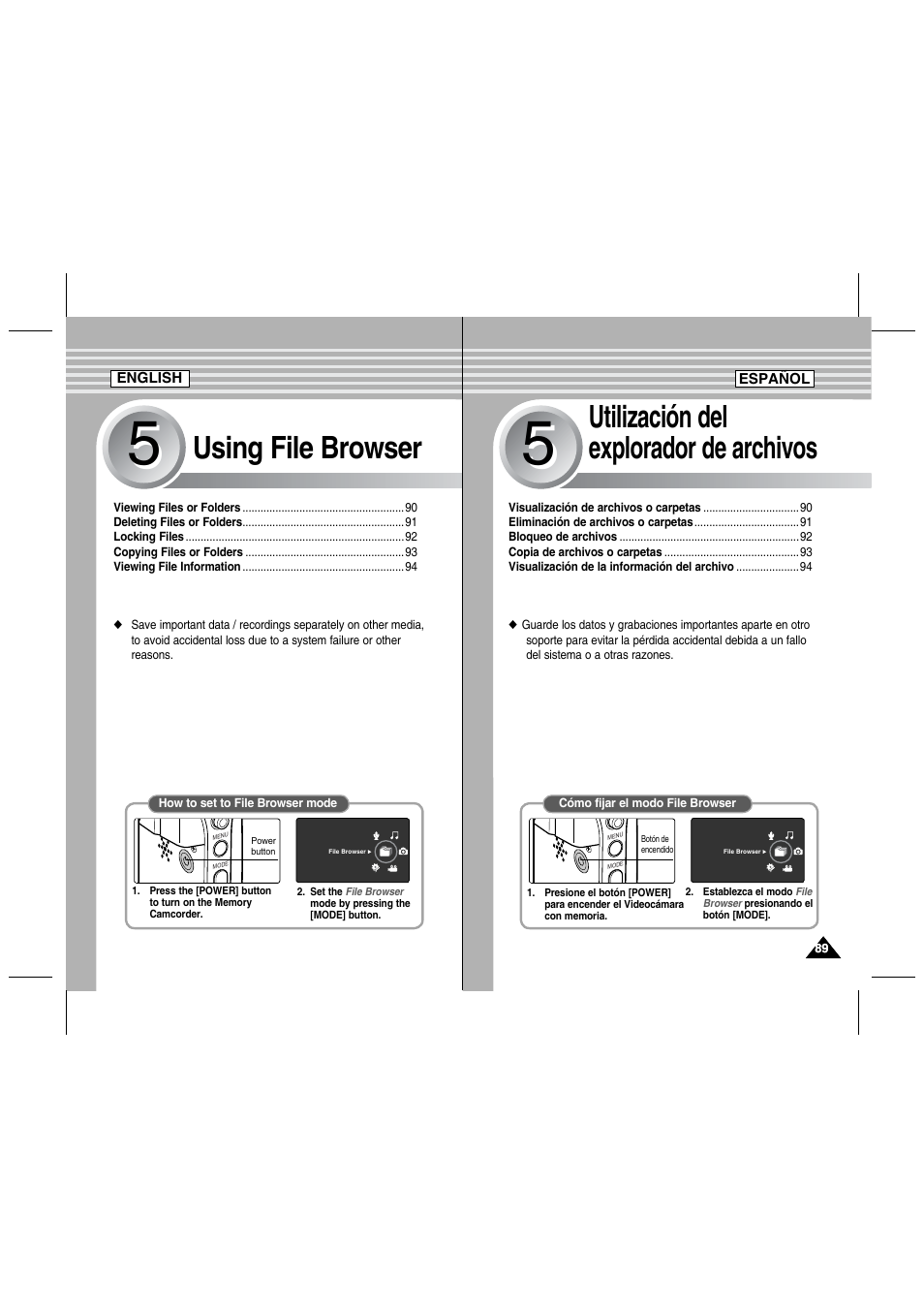 Using file browser, Utilización del explorador de archivos | Samsung SC-MM10S-XAA User Manual | Page 89 / 139