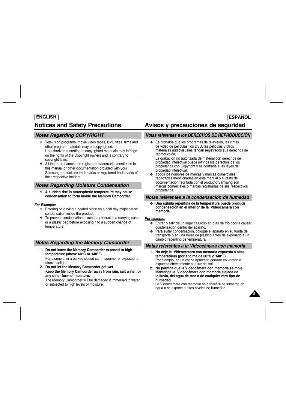 Notices and safety precautions, Avisos y precauciones de seguridad | Samsung SC-MM10S-XAA User Manual | Page 9 / 139