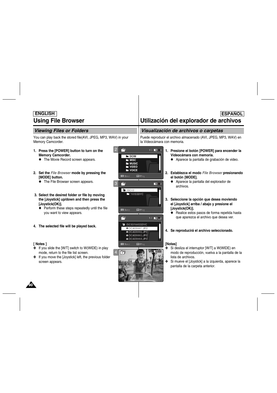 Using file browser, Utilización del explorador de archivos, Viewing files or folders | Visualización de archivos o carpetas, English español | Samsung SC-MM10S-XAA User Manual | Page 90 / 139