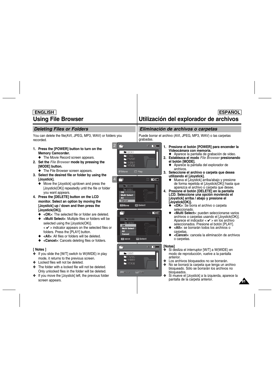 Using file browser, Utilización del explorador de archivos, Deleting files or folders | Eliminación de archivos o carpetas, English, English español english | Samsung SC-MM10S-XAA User Manual | Page 91 / 139