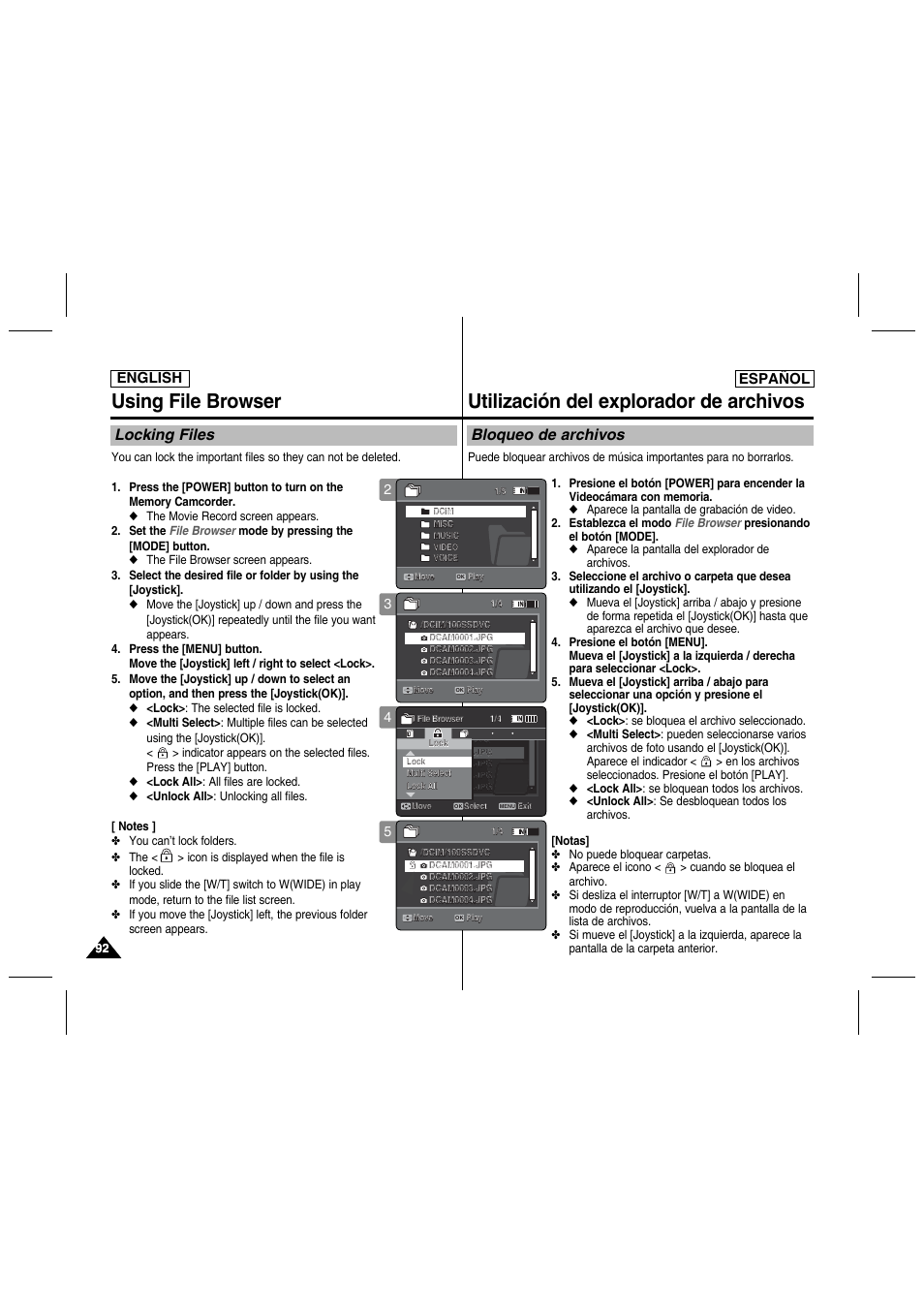 Using file browser, Utilización del explorador de archivos, Locking files | Bloqueo de archivos, English español | Samsung SC-MM10S-XAA User Manual | Page 92 / 139