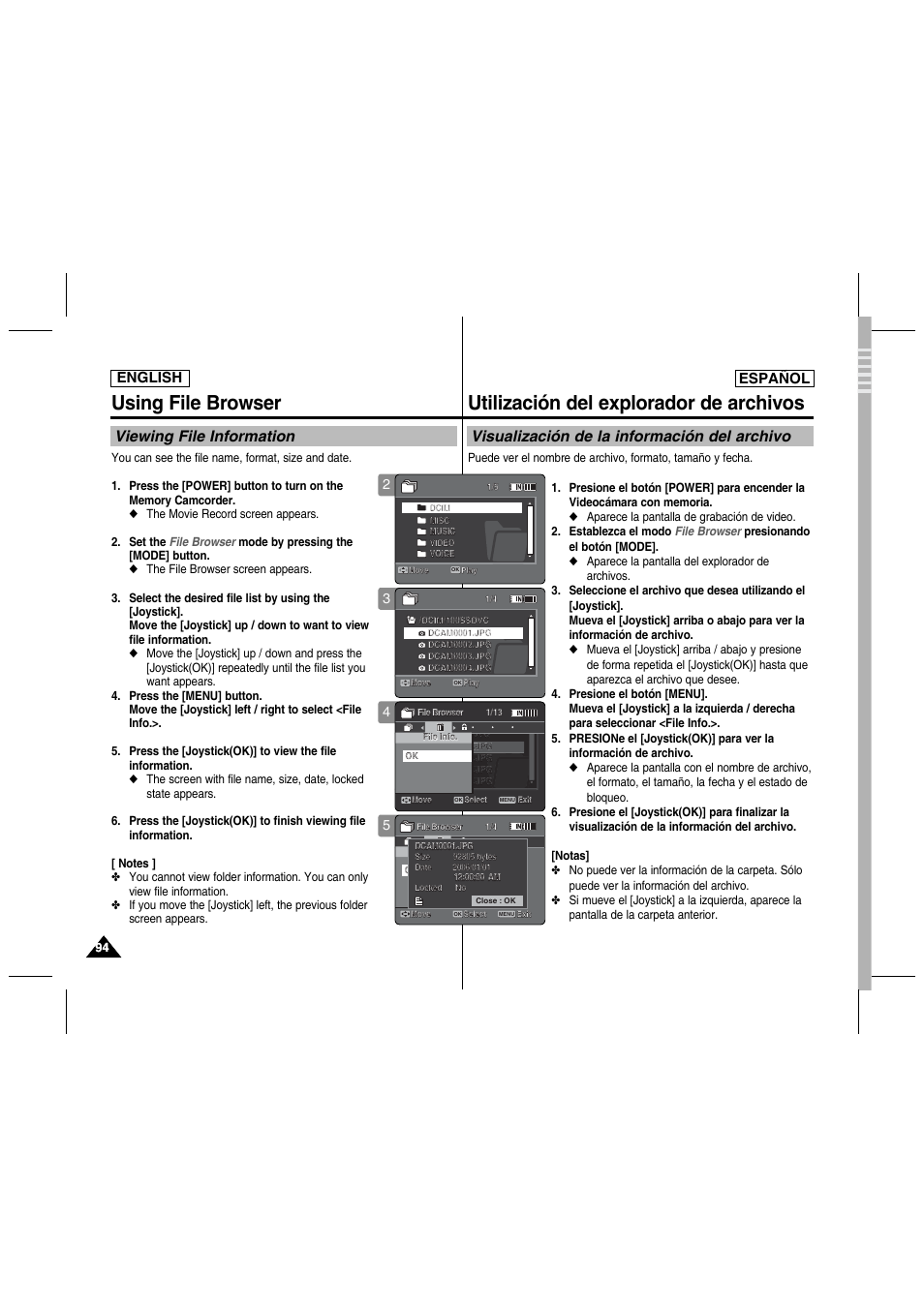 Using file browser, Utilización del explorador de archivos, Viewing file information | Visualización de la información del archivo, English español | Samsung SC-MM10S-XAA User Manual | Page 94 / 139