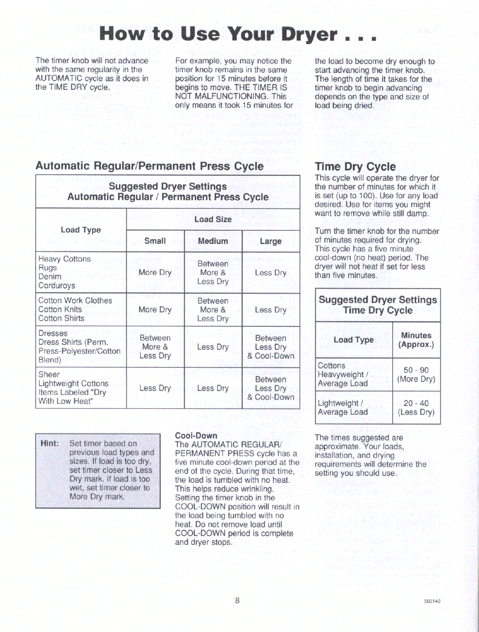 How to use your dryer, Cool-down | Amana LE4217W/L2 User Manual | Page 2 / 3