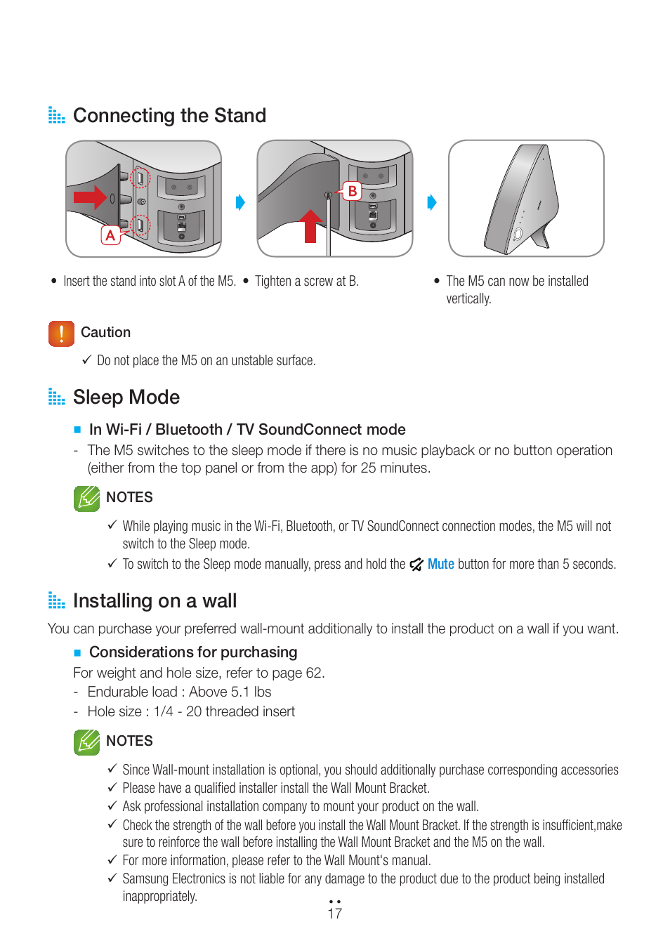 Connecting the stand, Sleep mode, Installing on a wall | A connecting the stand, A sleep mode, A installing on a wall | Samsung WAM551-ZA User Manual | Page 17 / 78