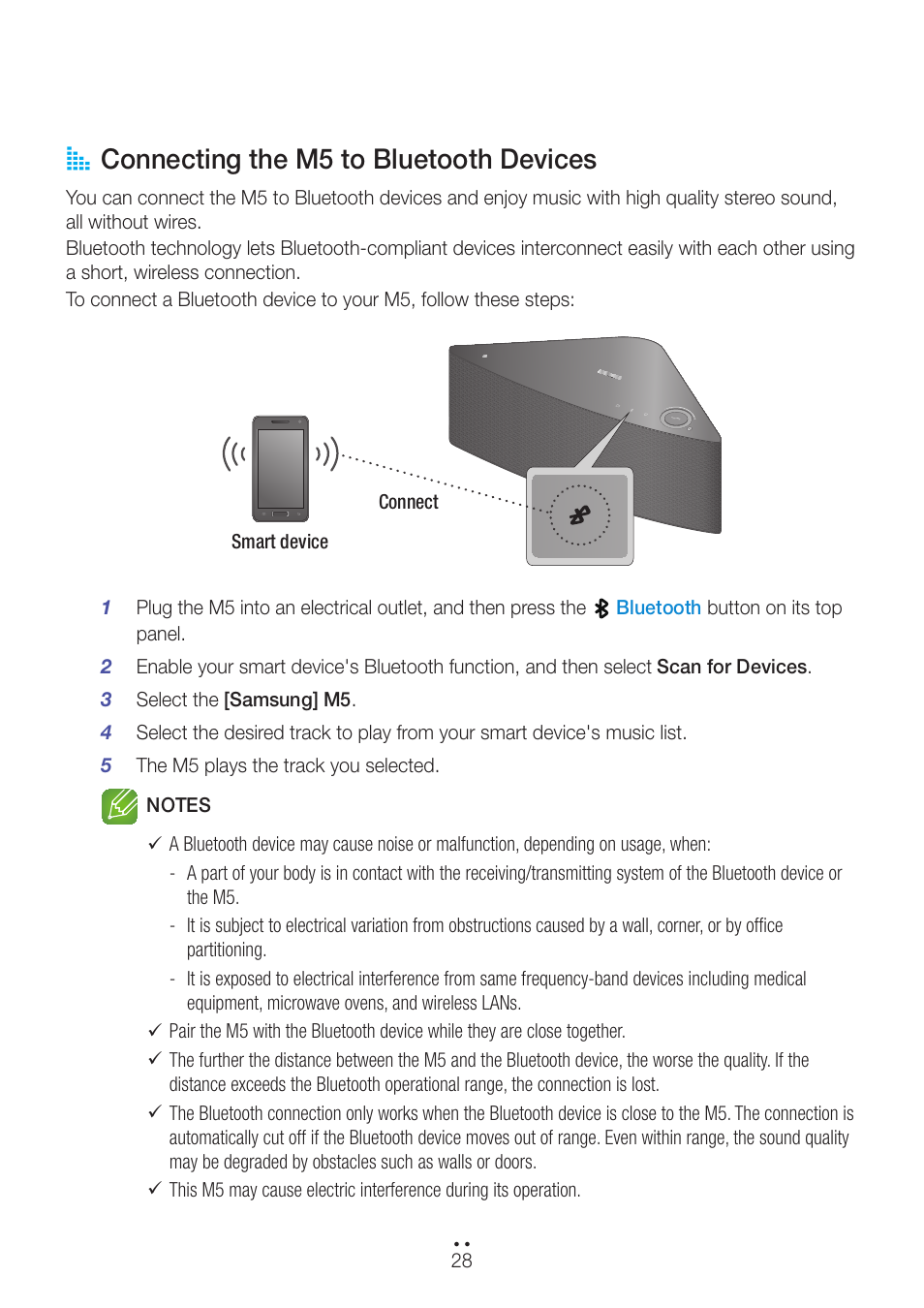 Connecting the m5 to bluetooth devices, A connecting the m5 to bluetooth devices | Samsung WAM551-ZA User Manual | Page 28 / 78