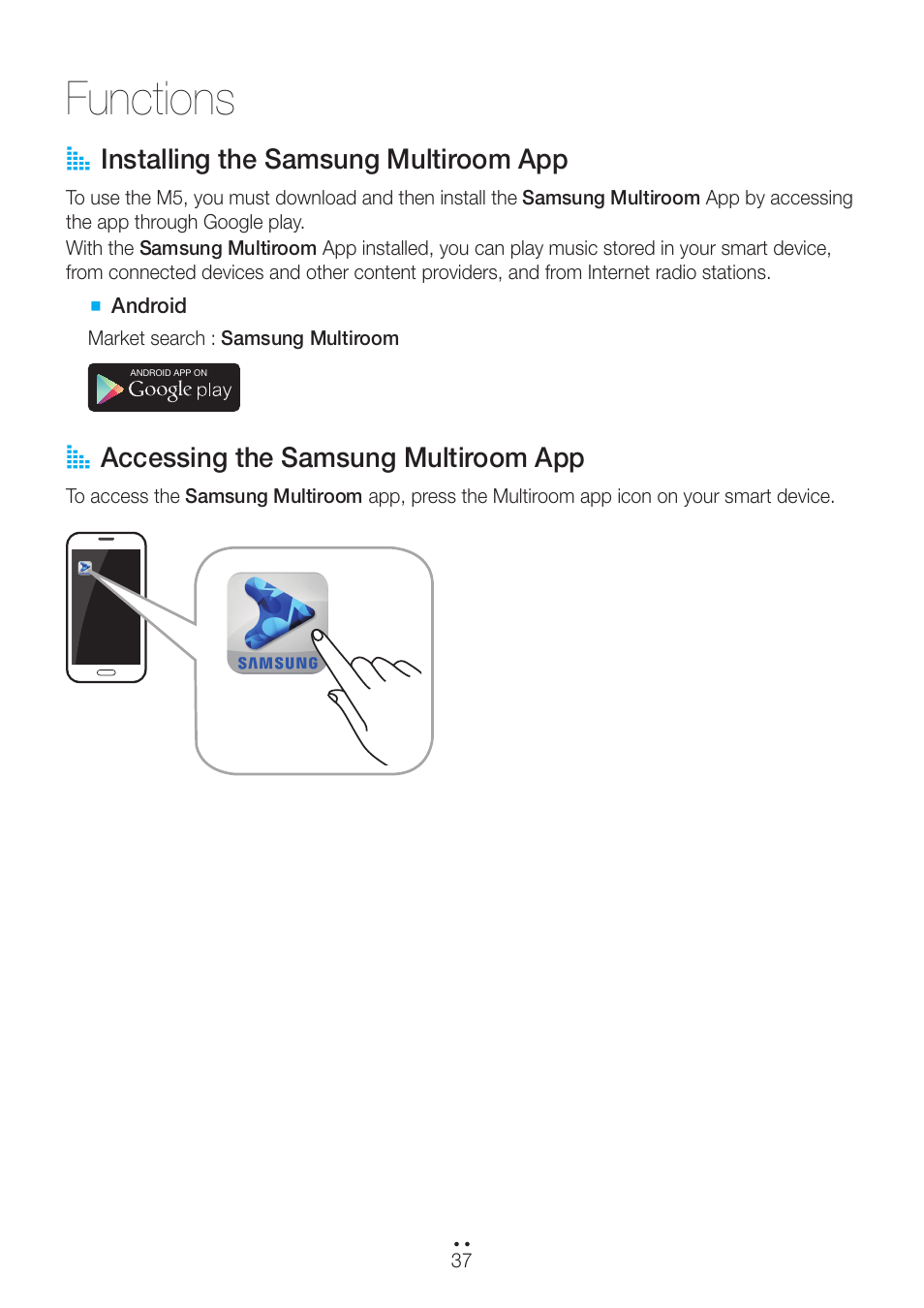 Functions, Installing the samsung multiroom app, Accessing the samsung multiroom app | A installing the samsung multiroom app, A accessing the samsung multiroom app | Samsung WAM551-ZA User Manual | Page 37 / 78