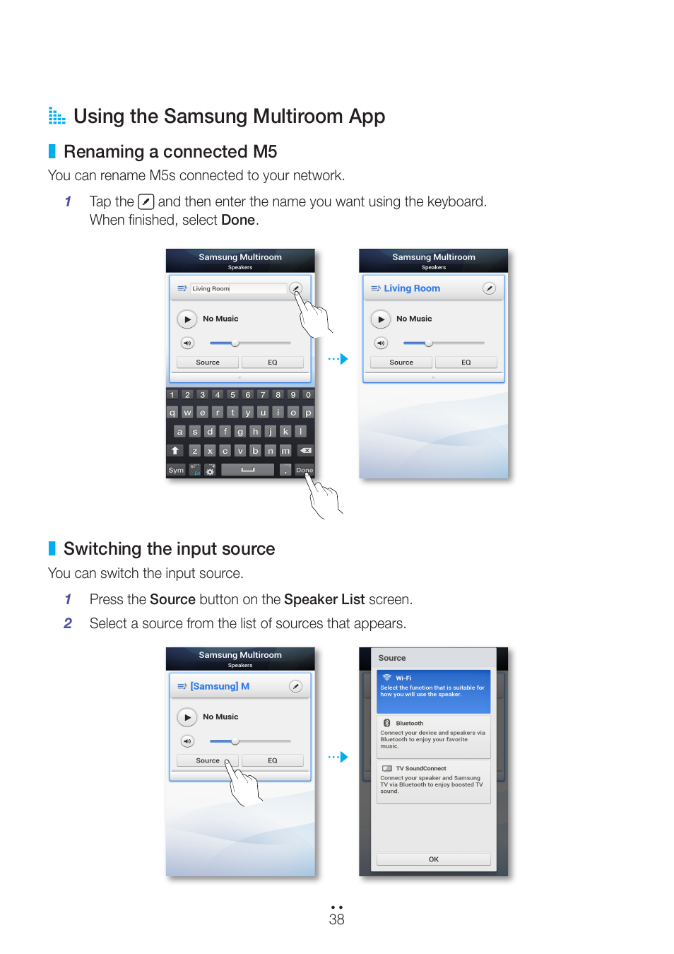 Using the samsung multiroom app, Renaming a connected m5, Switching the input source | Renaming a connected m5 switching the input source, A using the samsung multiroom app | Samsung WAM551-ZA User Manual | Page 38 / 78