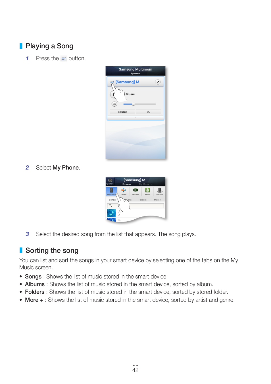 Playing a song, Sorting the song, Playing a song sorting the song | Samsung WAM551-ZA User Manual | Page 42 / 78