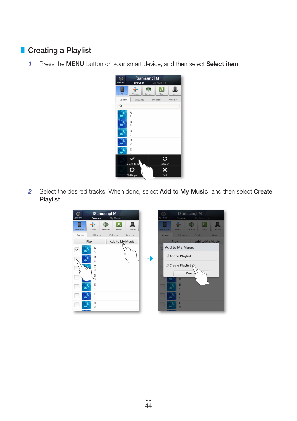 Creating a playlist | Samsung WAM551-ZA User Manual | Page 44 / 78