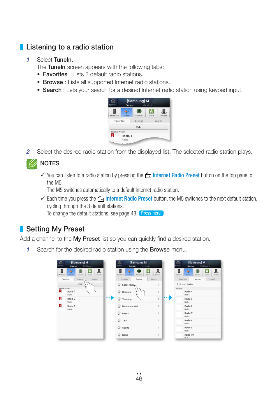Listening to a radio station, Setting my preset, Listening to a radio station setting my preset | Samsung WAM551-ZA User Manual | Page 46 / 78
