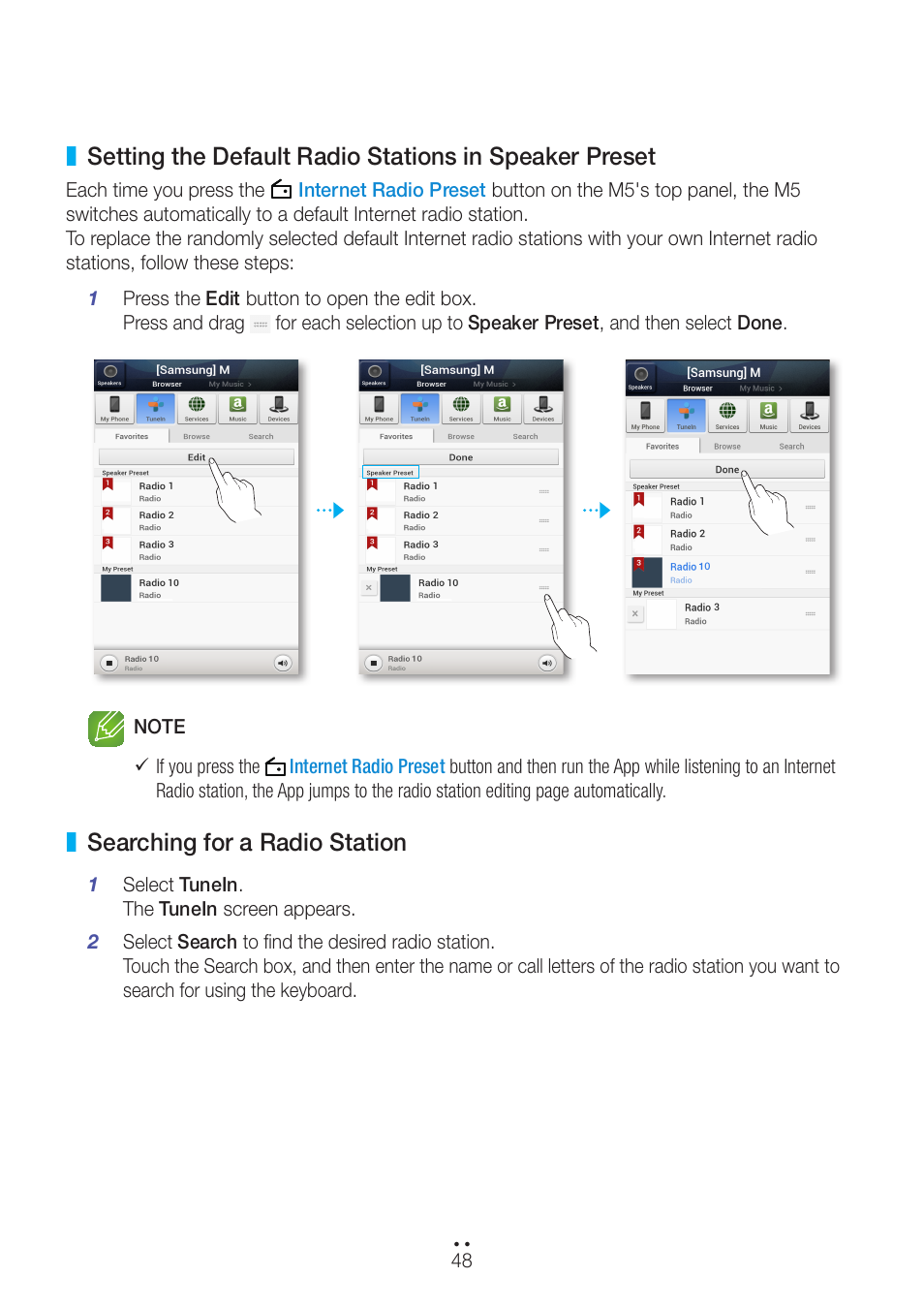 Searching for a radio station | Samsung WAM551-ZA User Manual | Page 48 / 78
