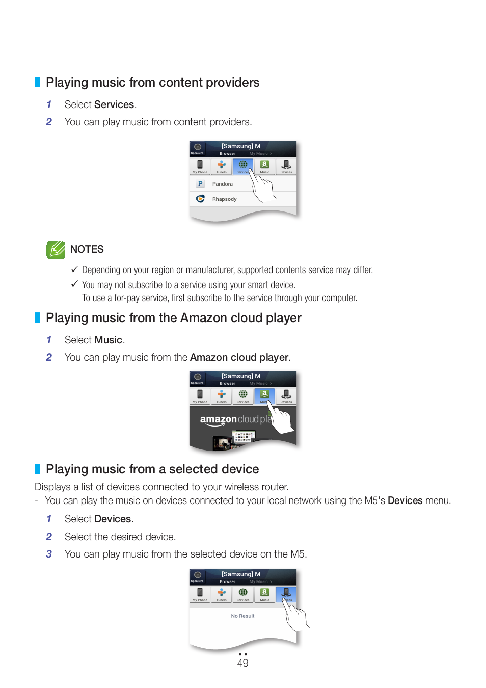 Playing music from content providers, Playing music from the amazon cloud player, Playing music from a selected device | Samsung WAM551-ZA User Manual | Page 49 / 78