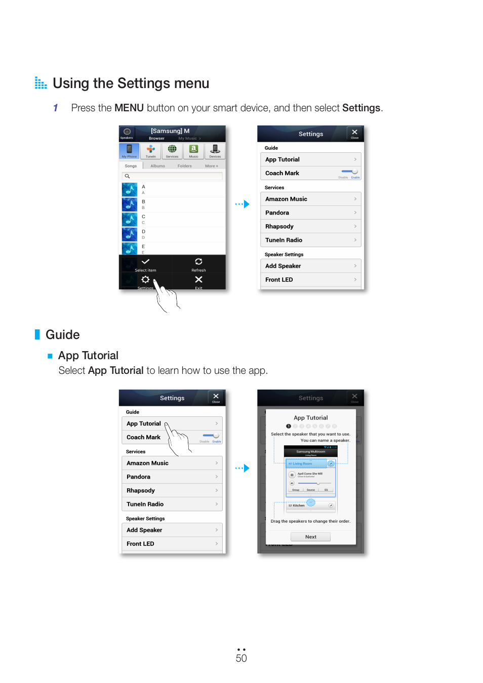 Using the settings menu, Guide, A using the settings menu | Samsung WAM551-ZA User Manual | Page 50 / 78