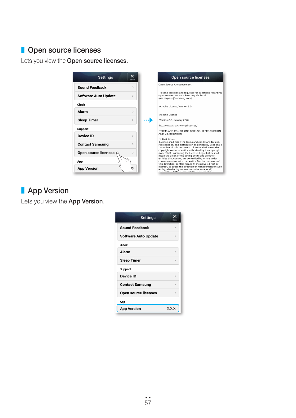 Open source licenses, App version, Open source licenses app version | Samsung WAM551-ZA User Manual | Page 57 / 78