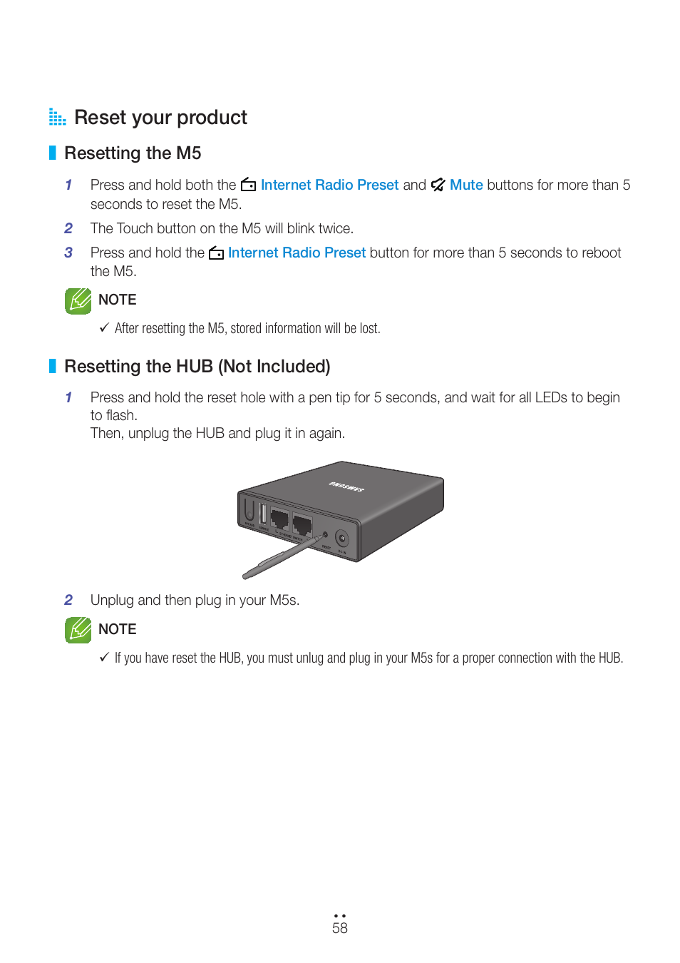 Reset your product, Resetting the m5, Resetting the hub (not included) | Resetting the m5 resetting the hub (not included), A reset your product | Samsung WAM551-ZA User Manual | Page 58 / 78