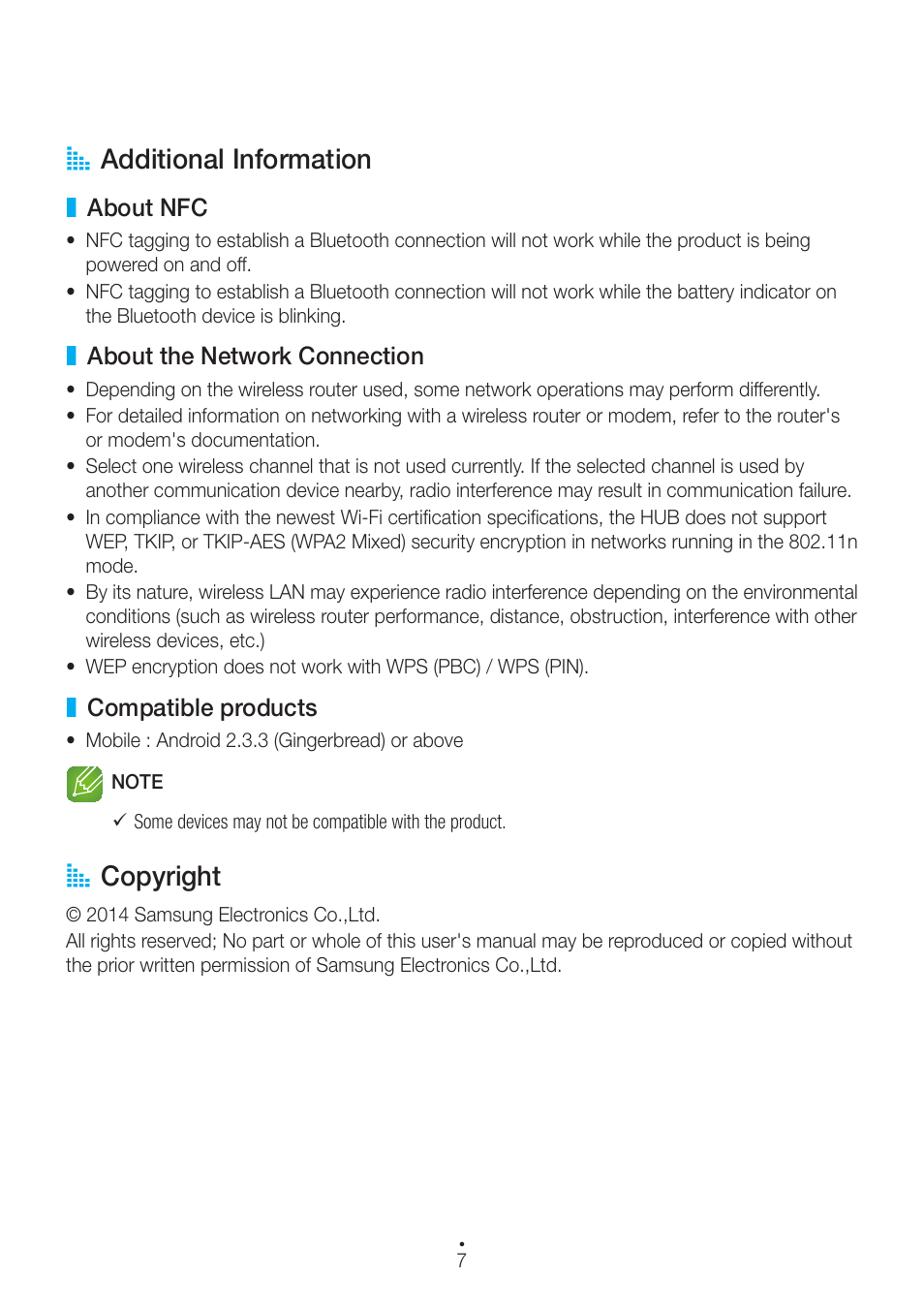 Additional information, About nfc, About the network connection | Compatible products, Copyright, A additional information, A copyright | Samsung WAM551-ZA User Manual | Page 7 / 78
