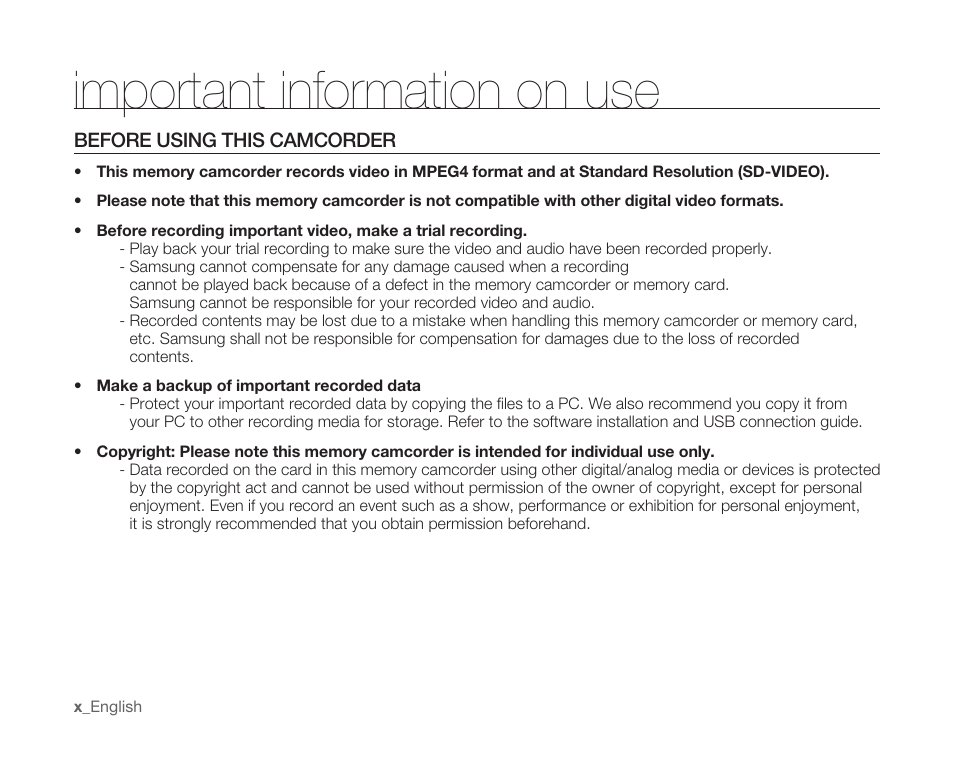 Important information on use, Before using this camcorder | Samsung SC-MX10A-XAP User Manual | Page 10 / 108