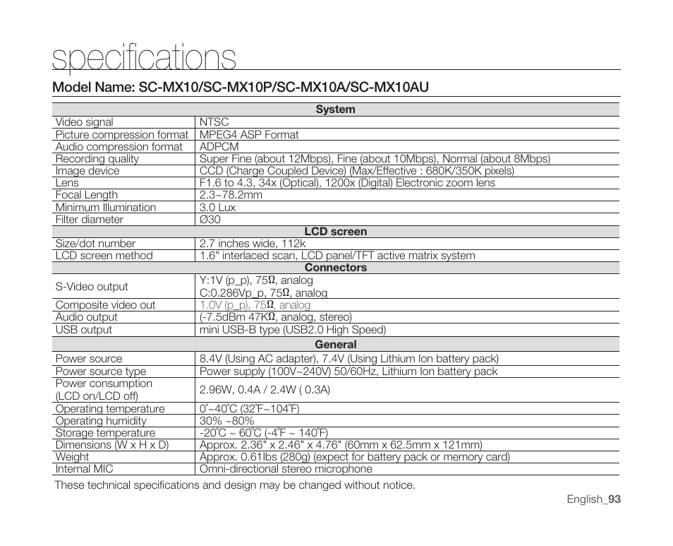 Specifications | Samsung SC-MX10A-XAP User Manual | Page 105 / 108