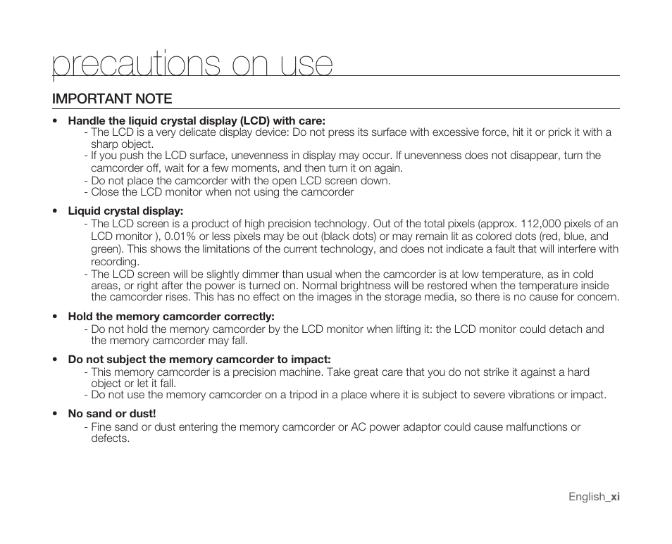 Precautions on use, Important note | Samsung SC-MX10A-XAP User Manual | Page 11 / 108