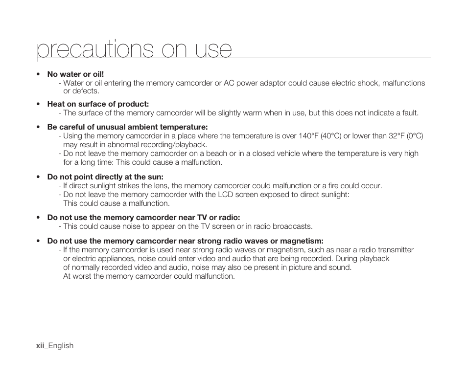 Precautions on use | Samsung SC-MX10A-XAP User Manual | Page 12 / 108