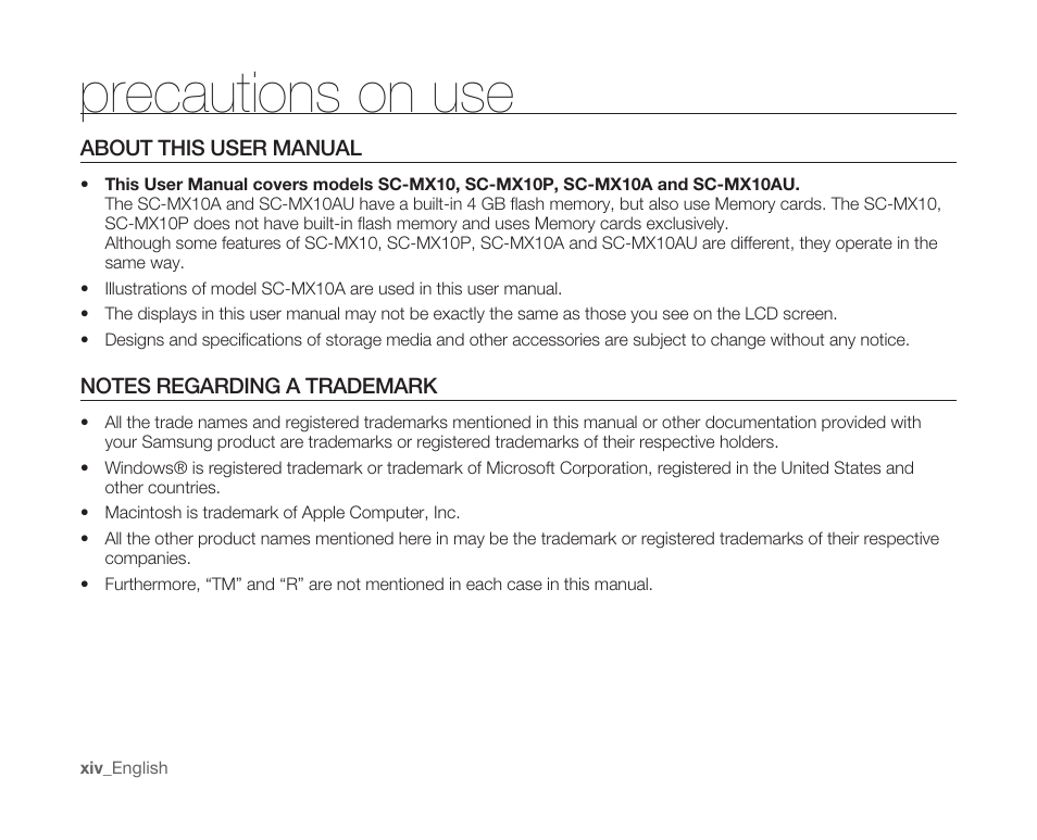 About this user manual, Notes regarding a trademark, Precautions on use | Samsung SC-MX10A-XAP User Manual | Page 14 / 108