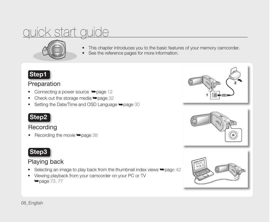 Quick start guide, Preparation, Step1 recording | Step2 playing back, Step3 | Samsung SC-MX10A-XAP User Manual | Page 18 / 108