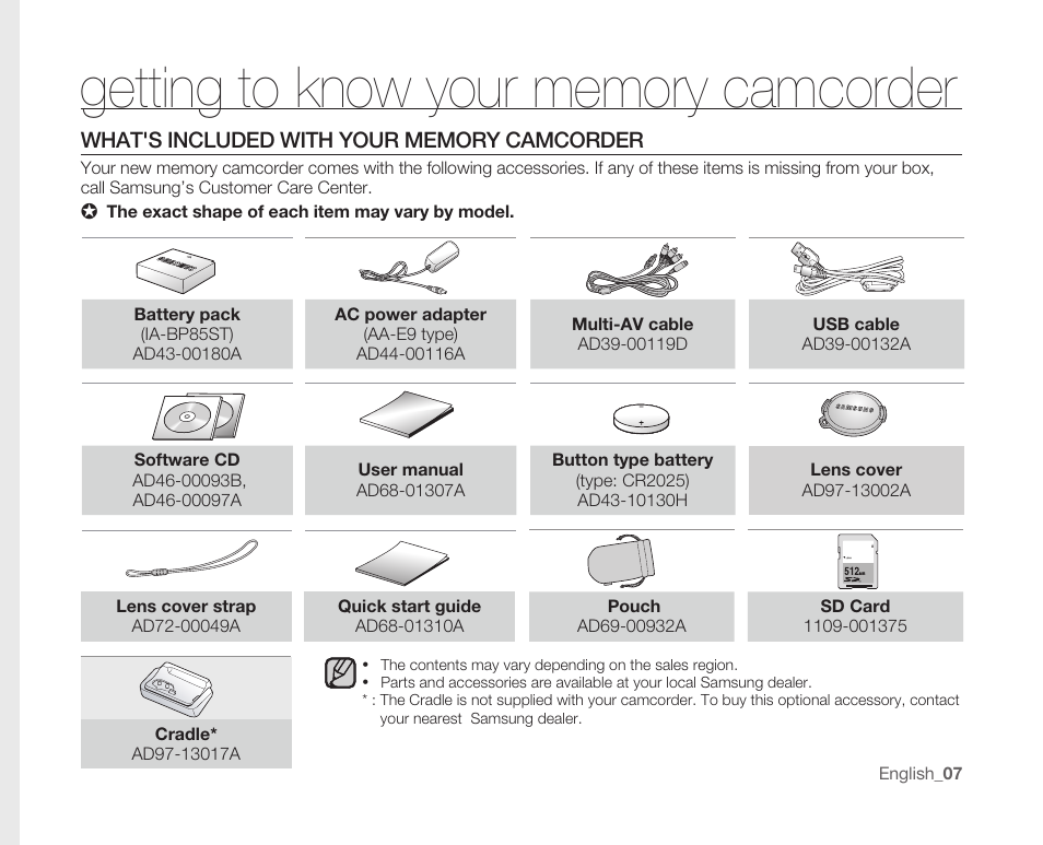 Getting to know your memory camcorder, What's included with your memory camcorder | Samsung SC-MX10A-XAP User Manual | Page 19 / 108