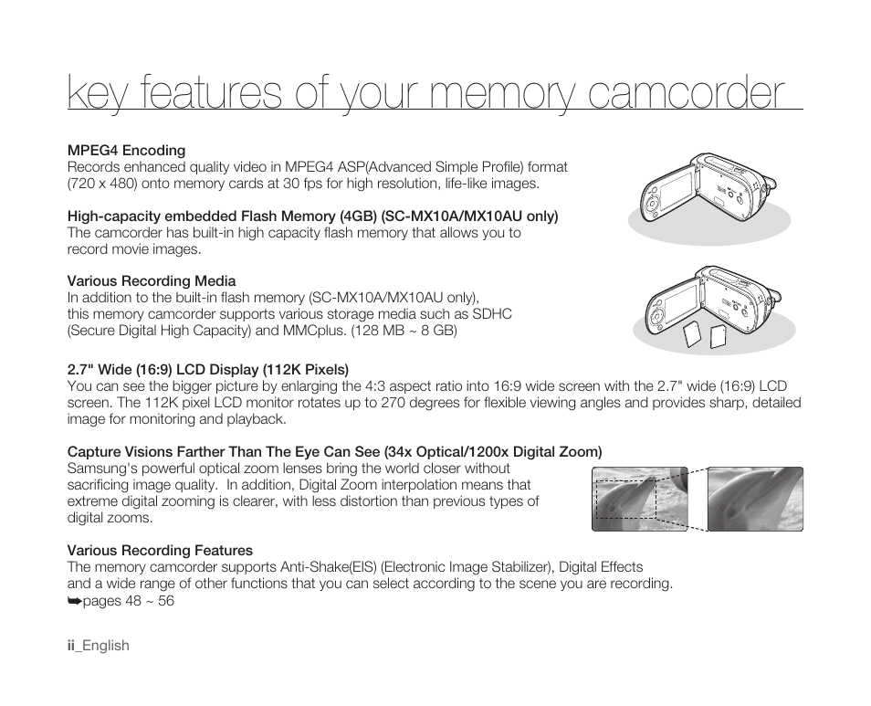 Key features of your memory camcorder | Samsung SC-MX10A-XAP User Manual | Page 2 / 108