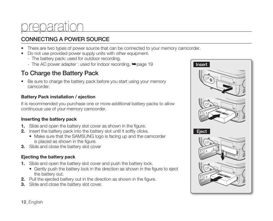 Connecting a power source, Preparation | Samsung SC-MX10A-XAP User Manual | Page 24 / 108