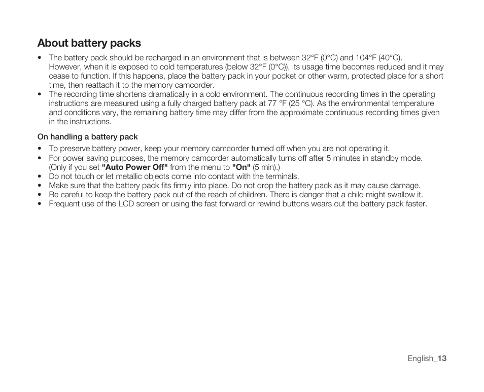 About battery packs | Samsung SC-MX10A-XAP User Manual | Page 25 / 108