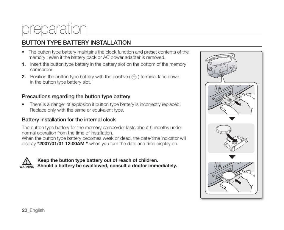 Button type battery installation, Preparation | Samsung SC-MX10A-XAP User Manual | Page 32 / 108