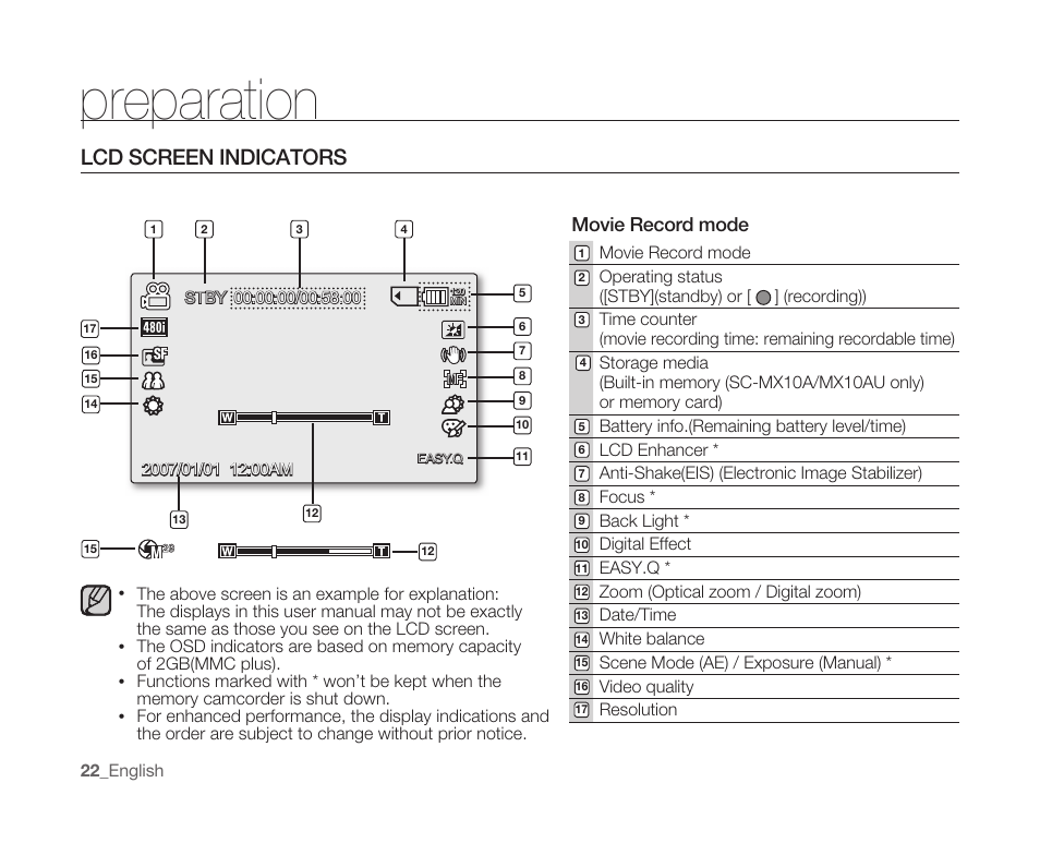 Lcd screen indicators, Preparation, Movie record mode | Samsung SC-MX10A-XAP User Manual | Page 34 / 108