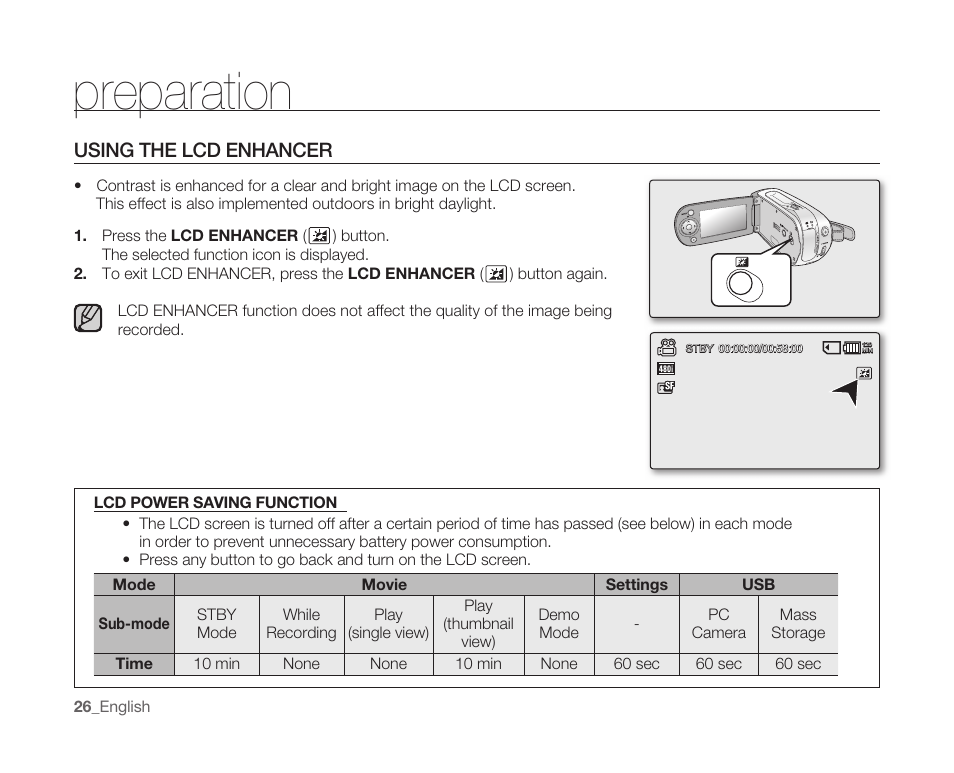 Using the lcd enhancer, Preparation | Samsung SC-MX10A-XAP User Manual | Page 38 / 108