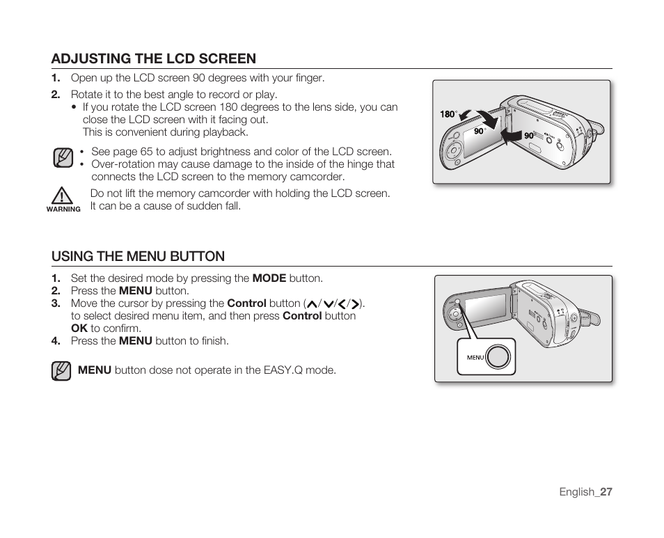 Adjusting the lcd screen, Using the menu button | Samsung SC-MX10A-XAP User Manual | Page 39 / 108