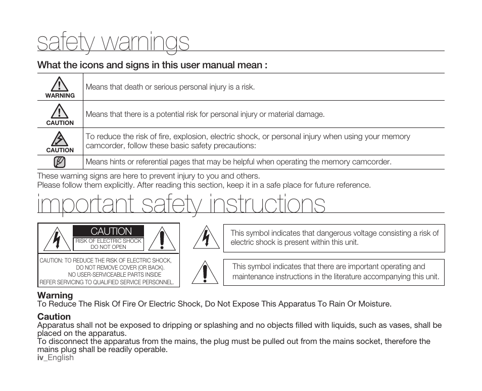 Safety warnings, Important safety instructions | Samsung SC-MX10A-XAP User Manual | Page 4 / 108