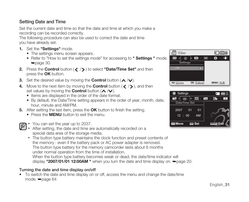 Setting date and time | Samsung SC-MX10A-XAP User Manual | Page 43 / 108