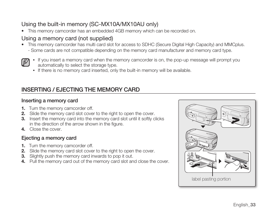 Inserting / ejecting the memory card | Samsung SC-MX10A-XAP User Manual | Page 45 / 108