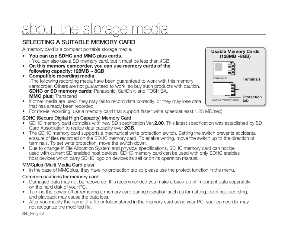 Selecting a suitable memory card, About the storage media | Samsung SC-MX10A-XAP User Manual | Page 46 / 108