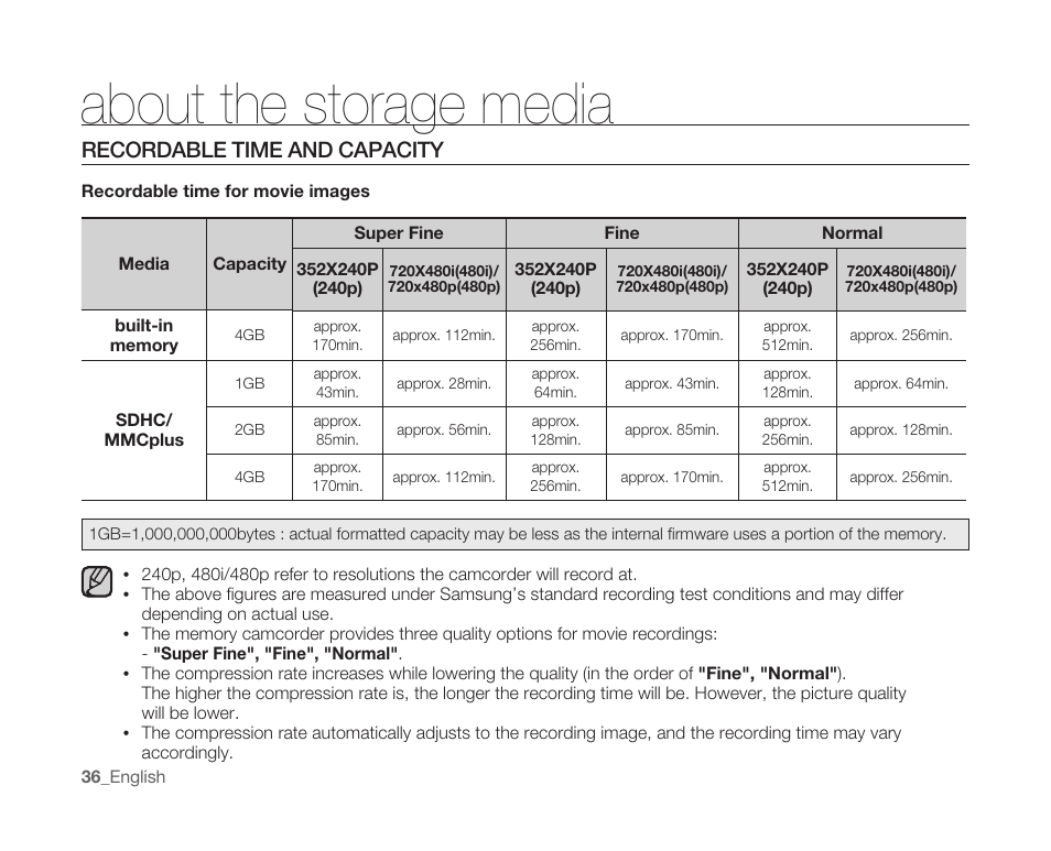 Recordable time and capacity, About the storage media | Samsung SC-MX10A-XAP User Manual | Page 48 / 108