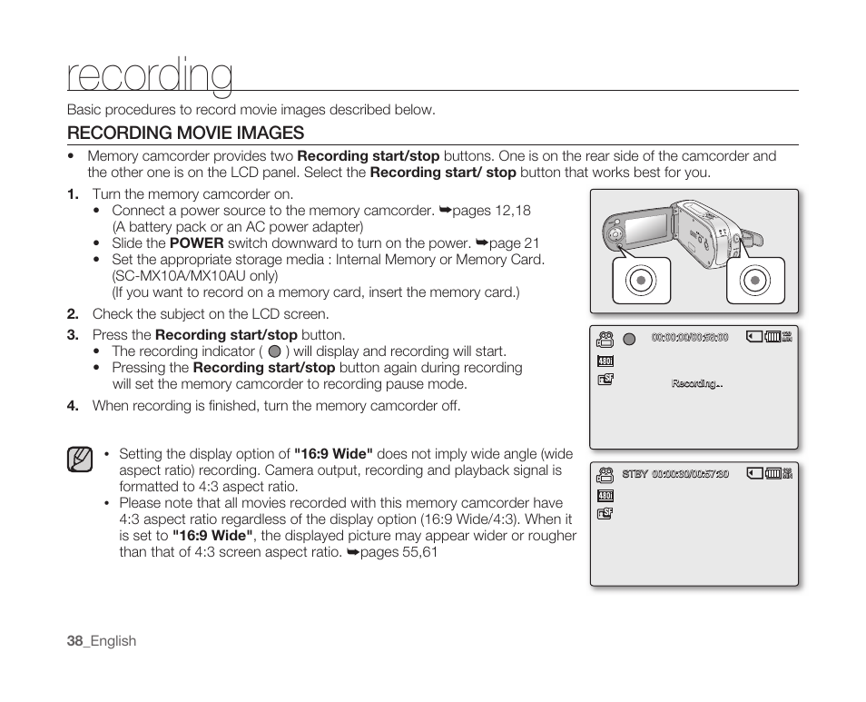 Recording, Recording movie images | Samsung SC-MX10A-XAP User Manual | Page 50 / 108