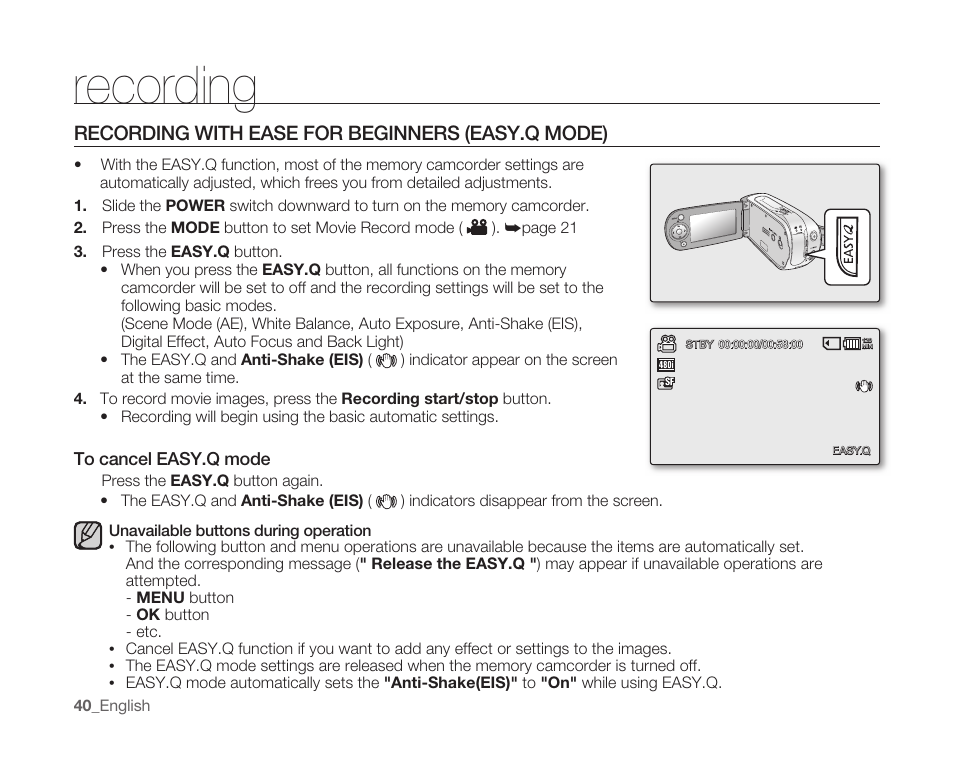 Recording with ease for beginners (easy.q mode), Recording | Samsung SC-MX10A-XAP User Manual | Page 52 / 108