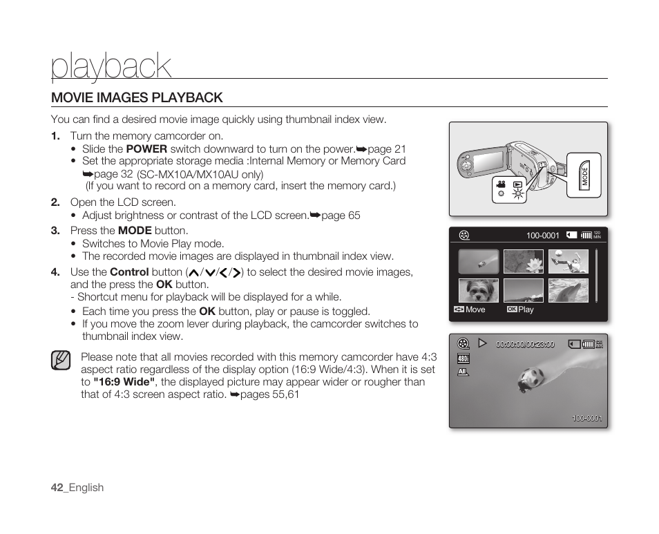 Playback, Movie images playback | Samsung SC-MX10A-XAP User Manual | Page 54 / 108