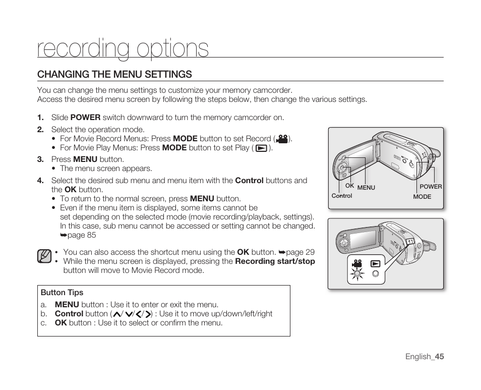 Recording options, Changing the menu settings | Samsung SC-MX10A-XAP User Manual | Page 57 / 108