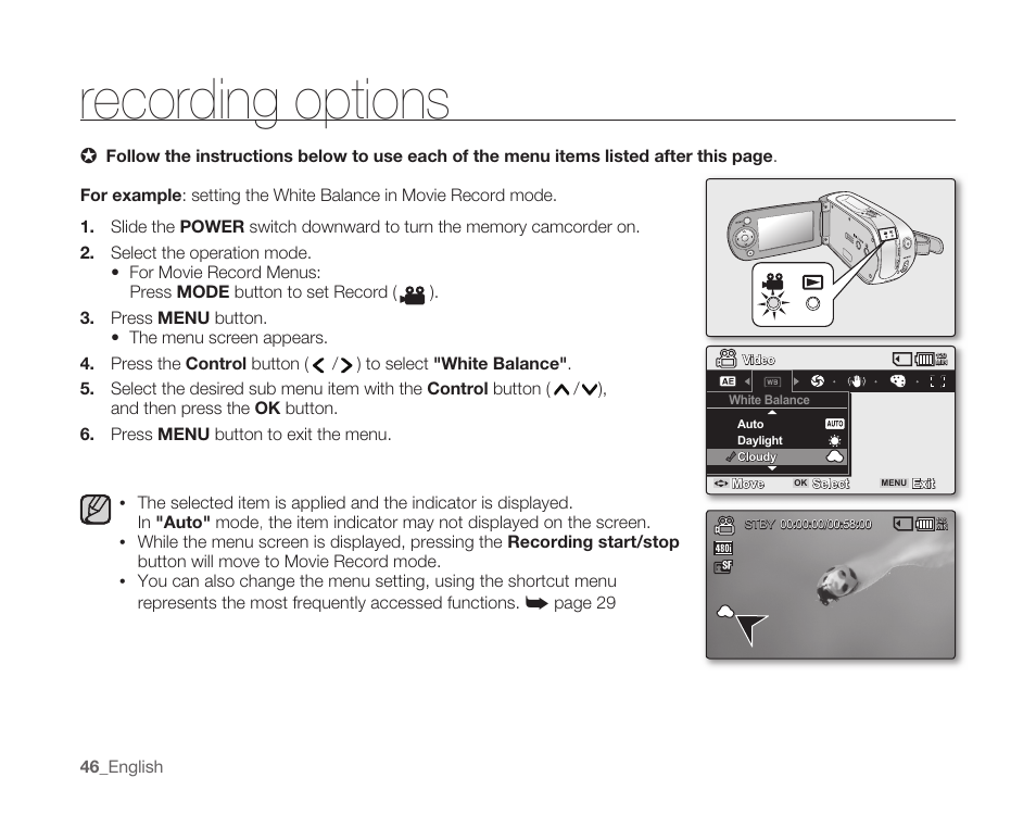 Recording options | Samsung SC-MX10A-XAP User Manual | Page 58 / 108