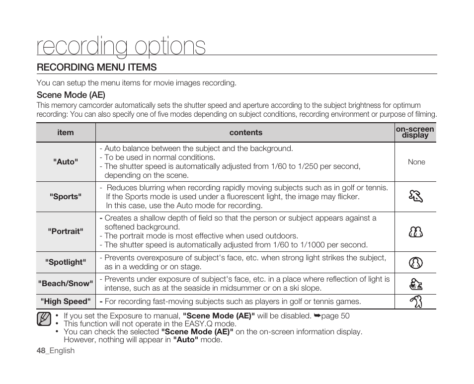 Recording menu items, Recording options | Samsung SC-MX10A-XAP User Manual | Page 60 / 108