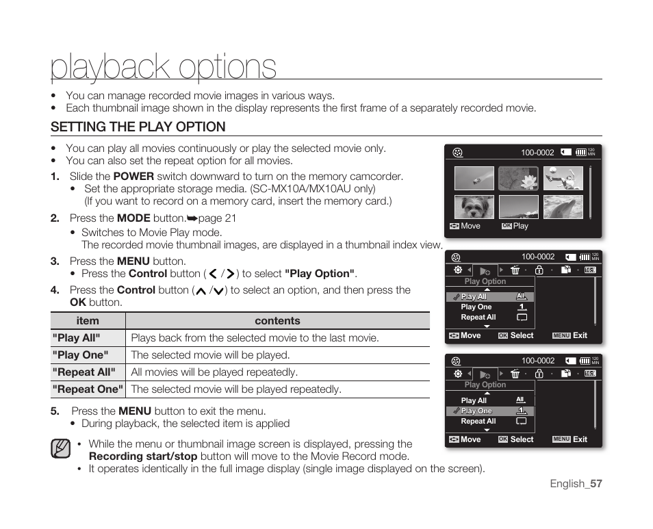 Playback options, Setting the play option | Samsung SC-MX10A-XAP User Manual | Page 69 / 108